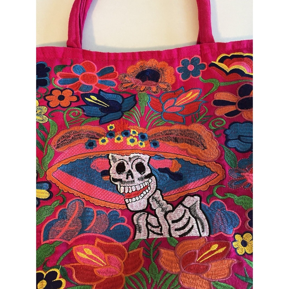 Embroidered Tote Bag Mexican Day of The Dead Skeleton Sugar Skull Floral